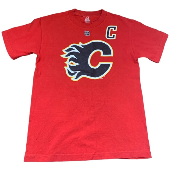 REEBOK NHL OFFICIAL CALGARY FLAMES Giordano Print Tee W Cap Sleeves Red Boys 12Y - Picture 1 of 8